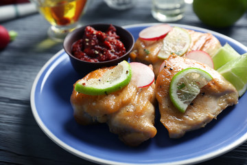 Plate of delicious tequila lime chicken, closeup