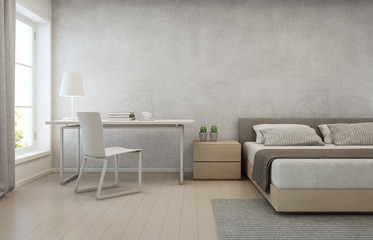 Bedroom with concrete wall background in modern house, Loft interior design of home office - 3D rendering