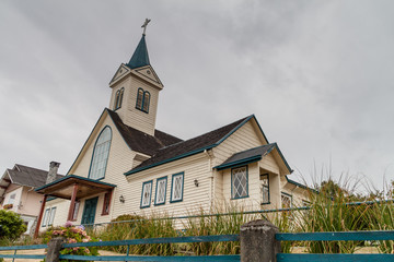 Fototapeta na wymiar Wooden church in Frutillar village, Chile