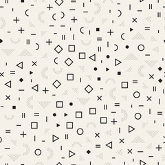 Fototapeta na wymiar Scattered Geometric Shapes. Inspired by Memphis Style. Abstract Background Design. Vector Seamless Black and White Irregular Pattern.