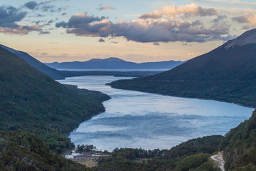 Naklejka na ściany i meble Mountains and Lago Fagnano (also Cami) lake at Tierra del Fuego island, Argentina