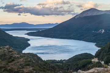 Mountains and Lago Fagnano (also Cami) lake at Tierra del Fuego island, Argentina