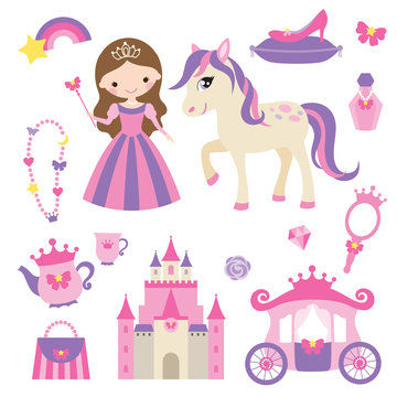 Vector illustration of princess, castle, carriage, pony and girl accessories set.