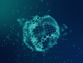 Abstract blue 3d Illuminated distorted Mesh Sphere . Neon Sign . Futuristic Technology HUD Element . Elegant Abstract Destroyed Sphere . Big data visualization .