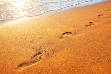 beach, wave and footprints at sunset time