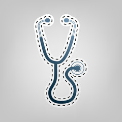 Stethoscope sign illustration. Vector. Blue icon with outline for cutting out at gray background.