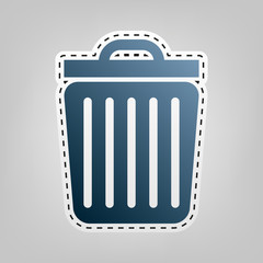 Trash sign illustration. Vector. Blue icon with outline for cutting out at gray background.