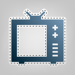 TV sign illustration. Vector. Blue icon with outline for cutting out at gray background.