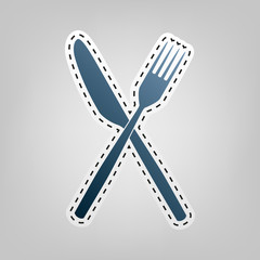 Fork and Knife sign. Vector. Blue icon with outline for cutting out at gray background.