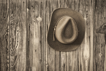felt cowboy hat on a rustic barn wall