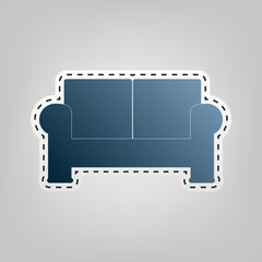 Sofa sign illustration. Vector. Blue icon with outline for cutting out at gray background.