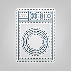 Washing machine sign. Vector. Blue icon with outline for cutting out at gray background.