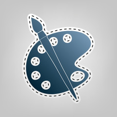 Palette and brush sign. Vector. Blue icon with outline for cutting out at gray background.