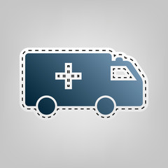 Ambulance sign illustration. Vector. Blue icon with outline for cutting out at gray background.