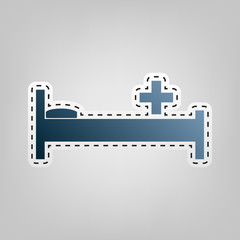 Hospital sign illustration. Vector. Blue icon with outline for cutting out at gray background.