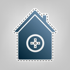 Hospital sign illustration. Vector. Blue icon with outline for cutting out at gray background.