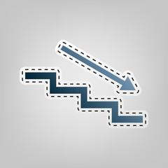 Stair down with arrow. Vector. Blue icon with outline for cutting out at gray background.