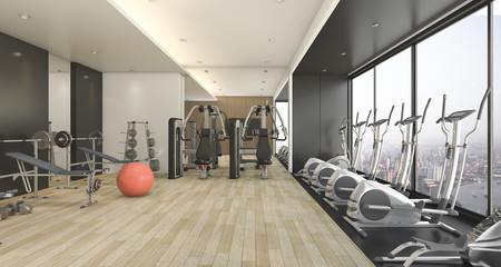 3d rendering modern wood and black decor gym and fitness with nice view
