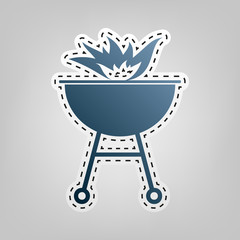 Barbecue with fire sign. Vector. Blue icon with outline for cutting out at gray background.