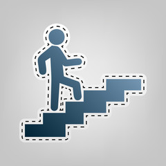 Man on Stairs going up. Vector. Blue icon with outline for cutting out at gray background.