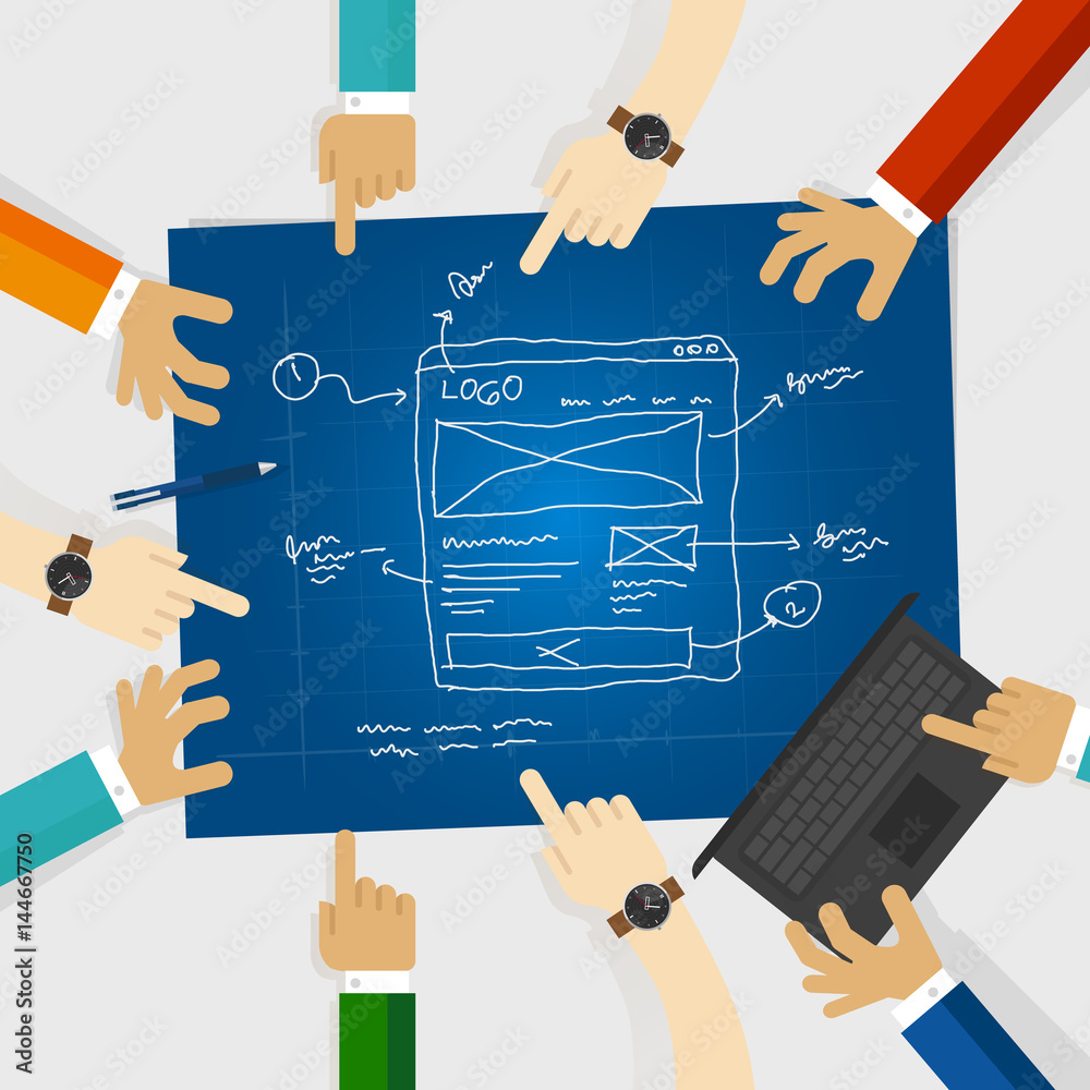 Aufkleber ui or user interface and ux or user experience design team work on wireframe website in blue print