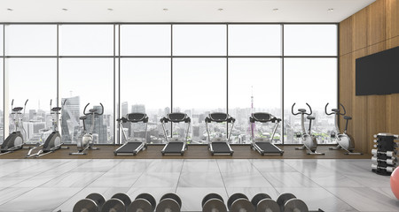 3d rendering long city view window in fitness and gym