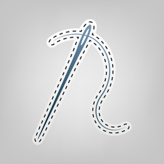 Needle with thread. Sewing needle, needle for sewing. Vector. Blue icon with outline for cutting out at gray background.