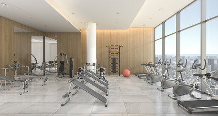 3d rendering modern wood gym and training room with city view