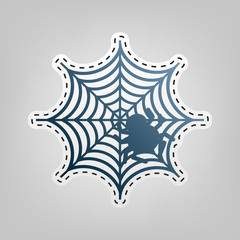 Spider on web illustration. Vector. Blue icon with outline for cutting out at gray background.