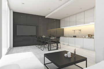 3d rendering modern white and black living room with kitchen