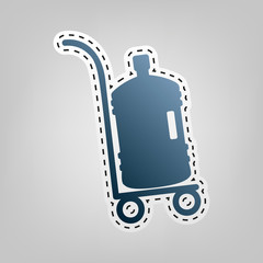 Plastic bottle silhouette with water. Big bottle of water on track. Vector. Blue icon with outline for cutting out at gray background.