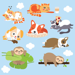 Cute Lazy animals - Vector Flat Illustrations - Cats, Dogs, Sloths