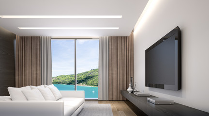 Living room with sea view , 3d rendering