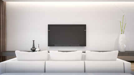 Modern living-room interior with white sofa and television , 3d rendering