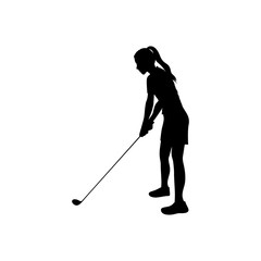 black silhouette girl playing golf in position vector illustration
