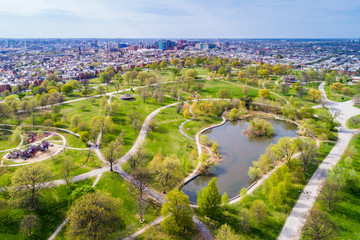 Aerial view of the pond at Patterson Park, in Baltimore, Maryland.