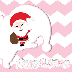 Xmas card with cute Santa Claus vector cartoon on pink chevron background, Xmas postcard, wallpaper, and greeting card, vector illustration