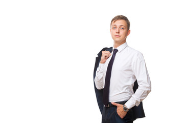 Young handsome businessman is holding a jacket in his one hand and the other hand in his pocket. portrait isolated on white background