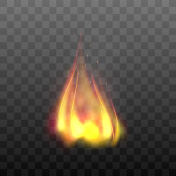 Realistic transparent flame effect. Fiery, burn graphic design element. Vector fire illustration isolated on black background