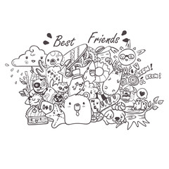 doodle the cute bear with friends hand drawn vector illustration for kid t-shirt print, greeting and invitation card
