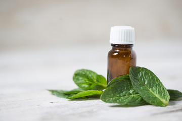 Essential oil of mint with mint leaves
