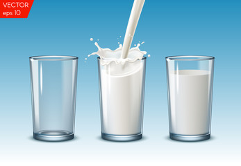 Transparent realistic transparent glasses, to pour milk splash, full and empty glass on a blue background.