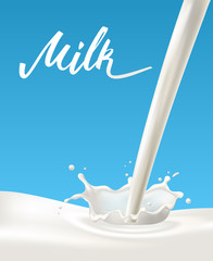 Realistic vector splash with pouring milk on blue background. Handmade lettering