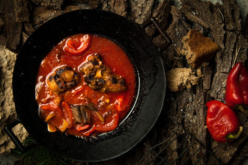meat dish in a frying pan against the background of the bark of a tree