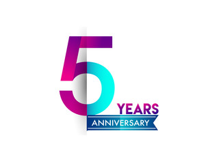 five years anniversary celebration logotype colorful design with blue ribbon, 5th birthday logo on white background