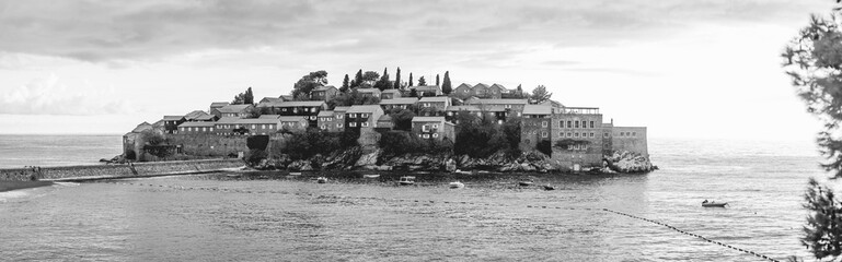 Island of Sveti Stefan, black and white photo. Montenegro, the Adriatic Sea, the Balkans.