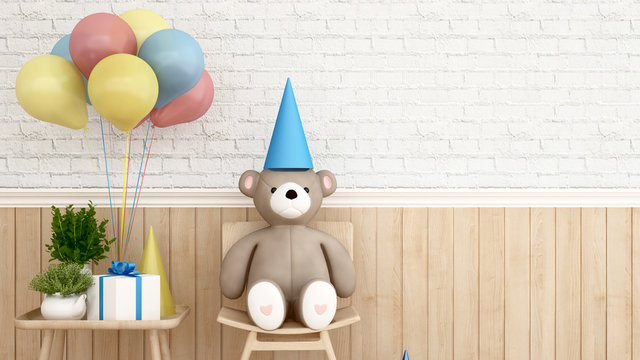 Bear on chair with gift and balloon - 3D Rendering