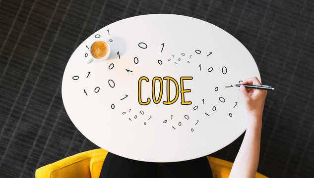 Code text on a white table