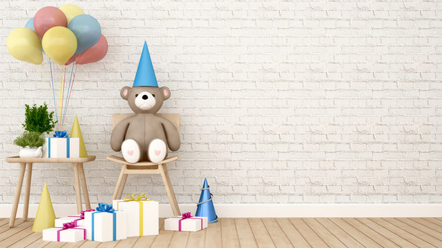Bear with balloon and gift in kid room - 3D Rendering