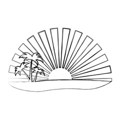 monochrome contour of sunset with beach and palms vector illustration